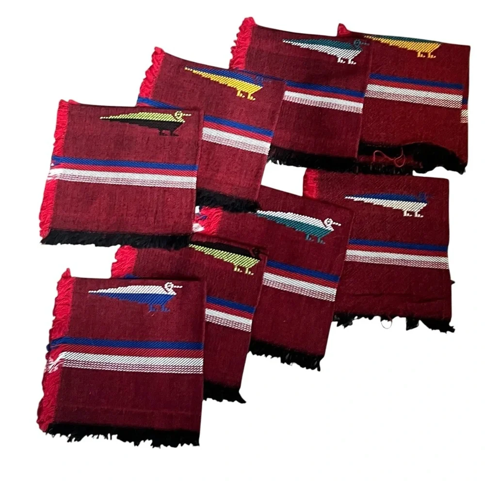 Vintage Hand Woven Mexican Bird Napkins Set Of 8 13” X 12”